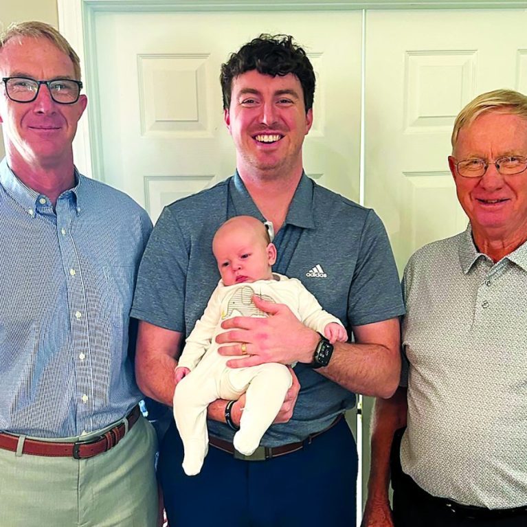 The Kramer family recently gathered to celebrate four generations. Left to right: Todd Kramer (grandfather), Kyle Kramer (dad) holding his son Noah Kramer, Ron Kramer (great-grandfather). All four are the first born male of every generation.