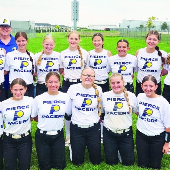 Pierce Pacers 16U, front row, left to right: Raegan Lambrecht, Joslyn Kraft, Athena Bretschneider, Maelee Hamilton, Kinley Hilkemann, Josie Stenger. Back Row: Coach Brandon Hamilton, Jessa Kraft, Coach Mike Emory, Cailyn Gardner, Kaelyn Halsey, Kinley Miller, Brecken Krueger, Ella Bauermeister, Shae Beutler, Abi Bretschneider, Coach Ryan Ohnoutka. 